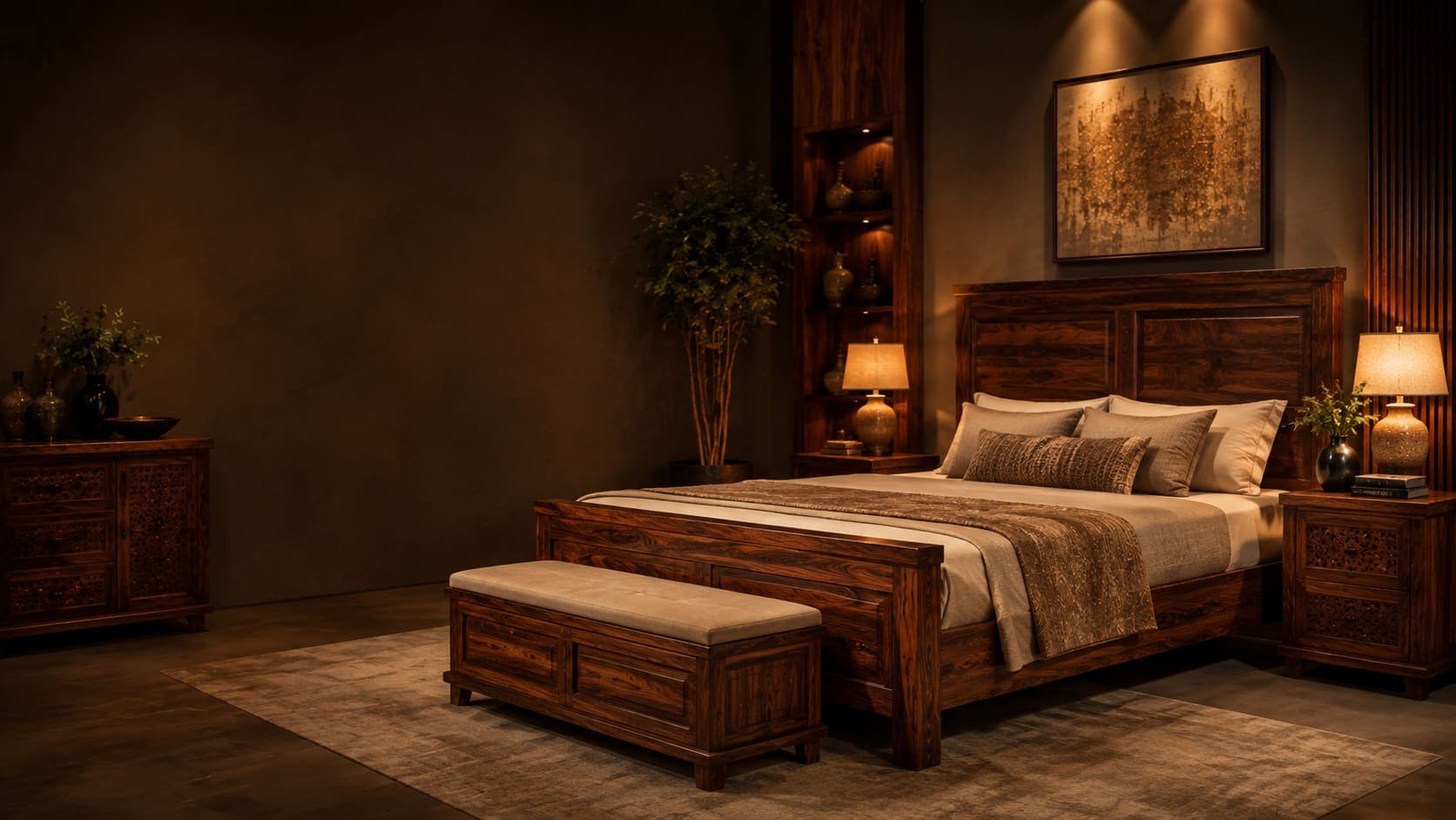 Handcrafted Chinioti sheesham wood bedroom set styled in an Islamabad home