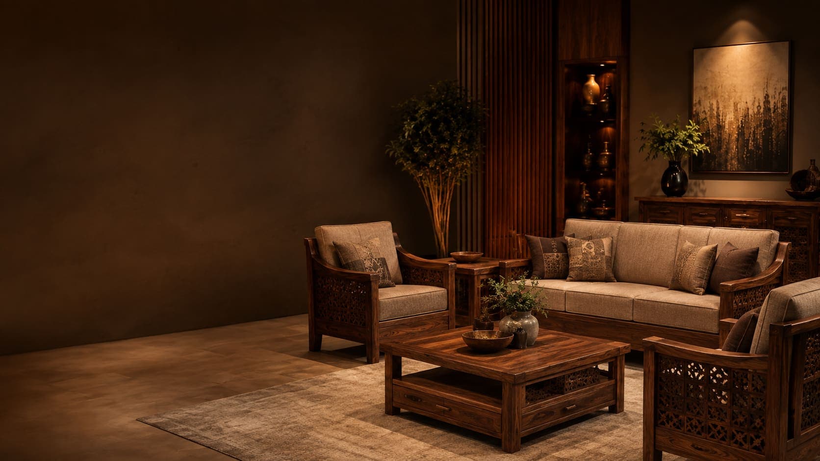 Carved Chinioti living room sofa set in a Bahria Town Islamabad home